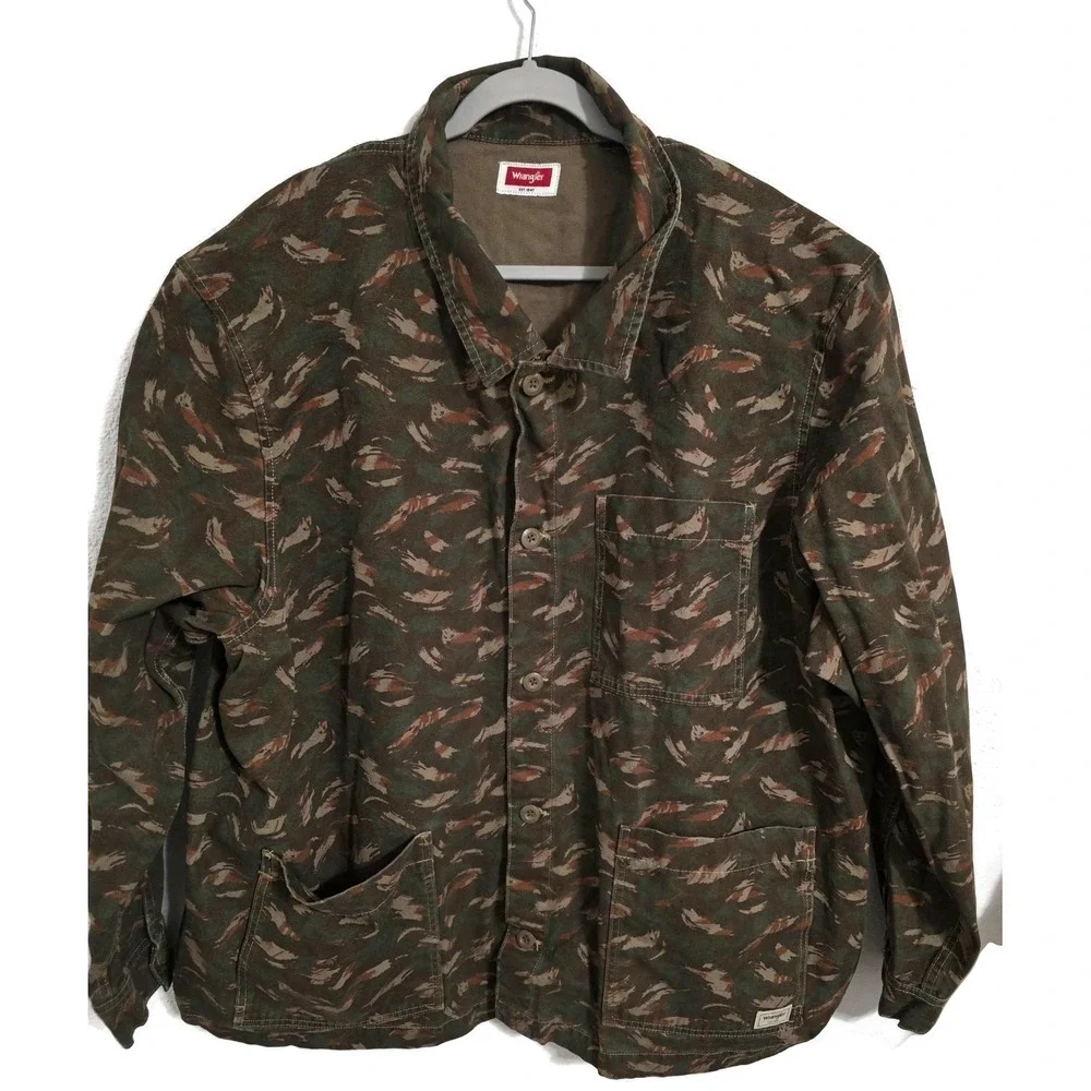 Wrangler Jacket Mens 3XL Green Camo Canvas Button Front Workwear Utility Field